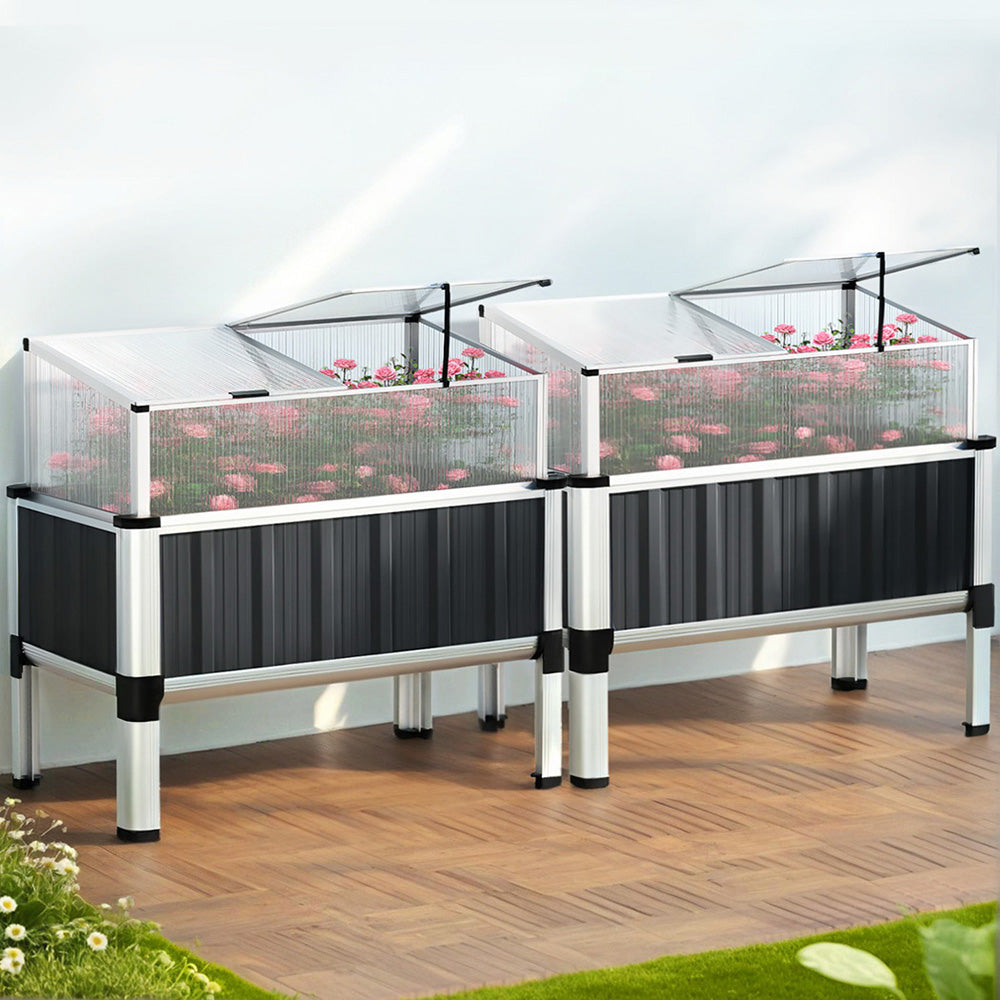 Green Fingers Raised Garden Bed x2 80x49x74cm Greenhouse Planter Box Galvanised Herb