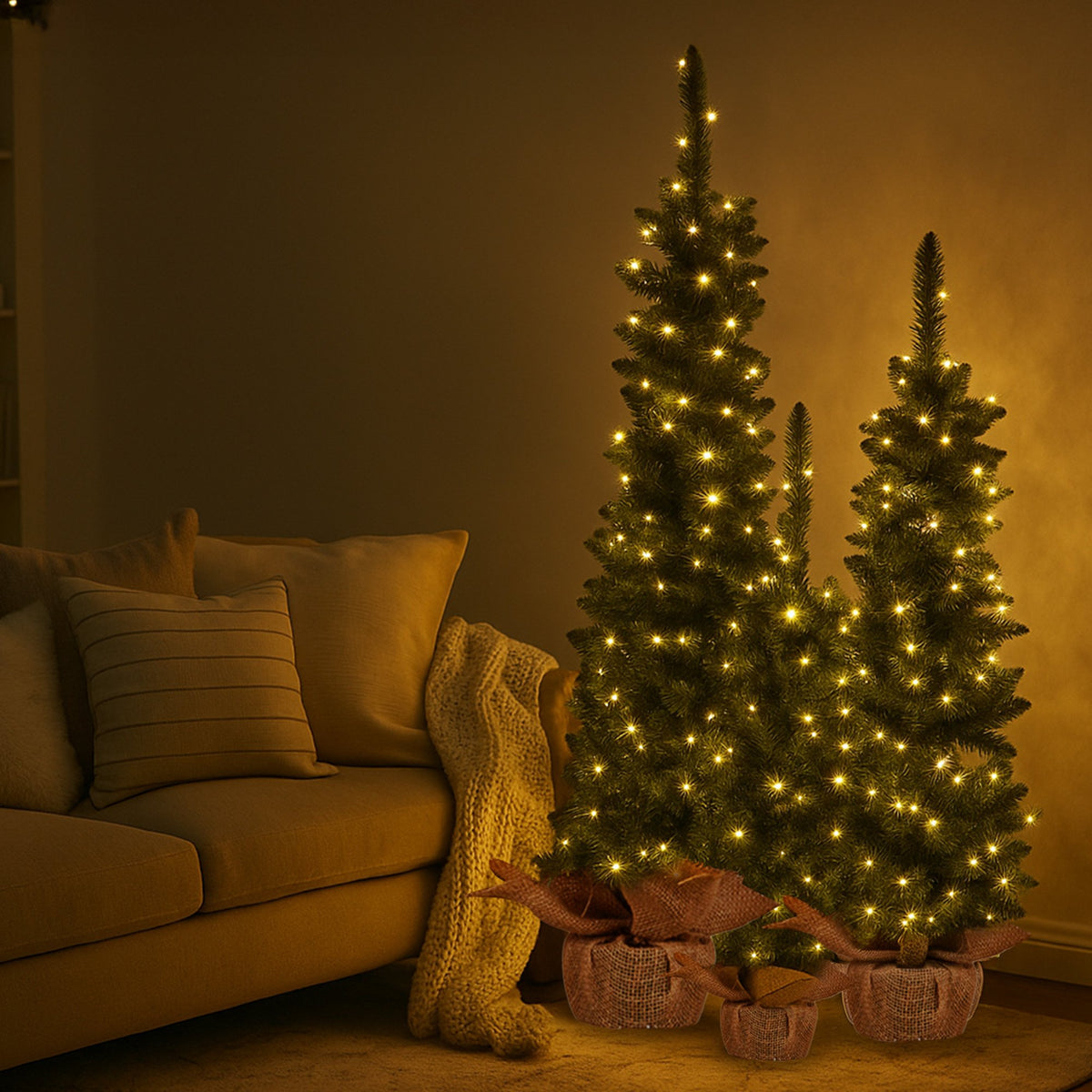 Christabelle Set of 3 Pre-Lit Christmas Trees Green Pine w/LED Lights, Hessian Base & Individual Plugs Varying Heights