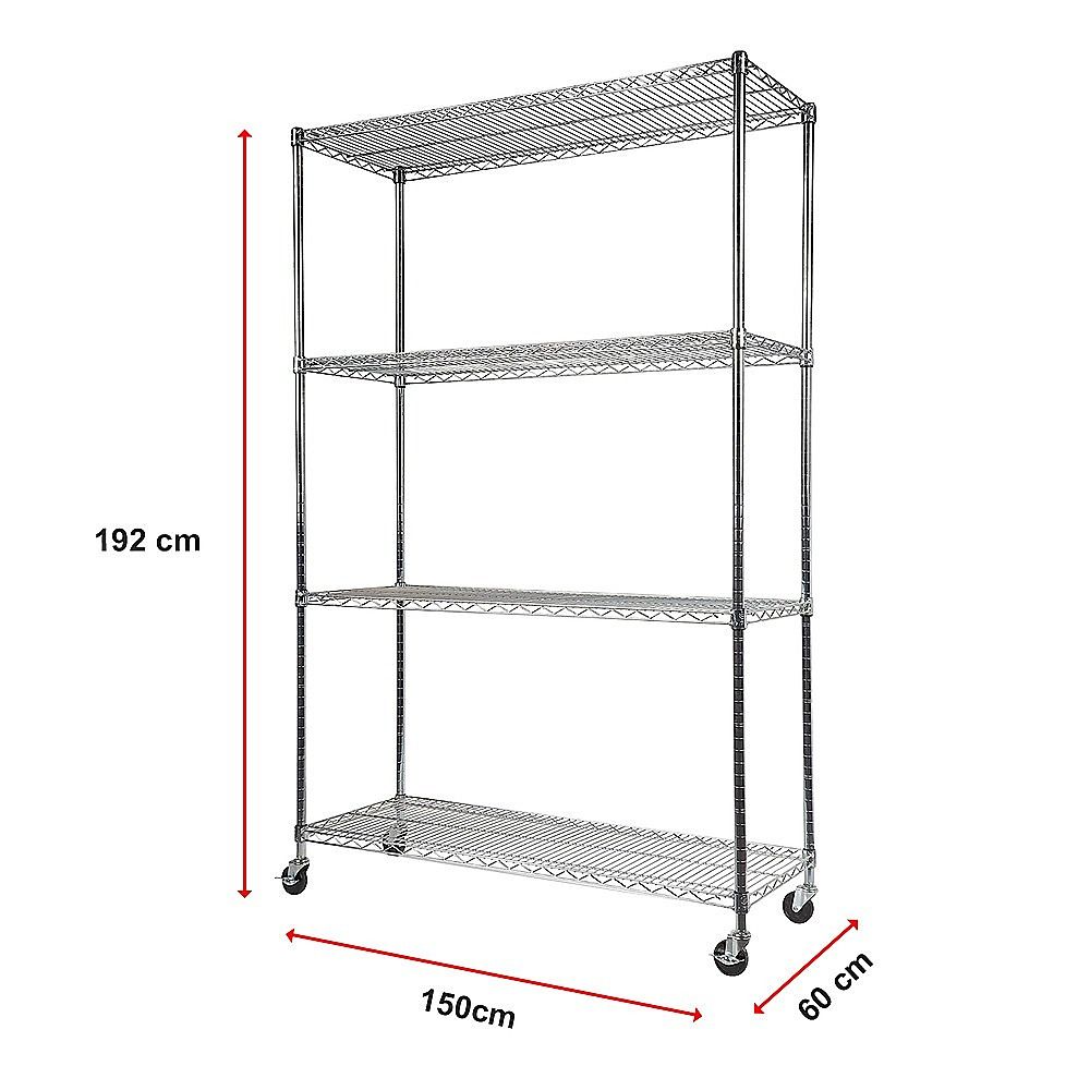 Wire Storage Rack – 150x60cm Chrome Shelving with Wheels