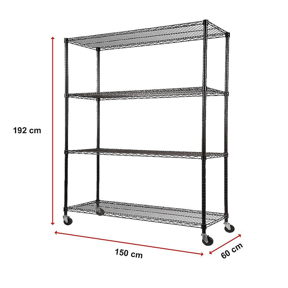 Wire Storage Rack – 150x60cm Black Shelving with Wheels