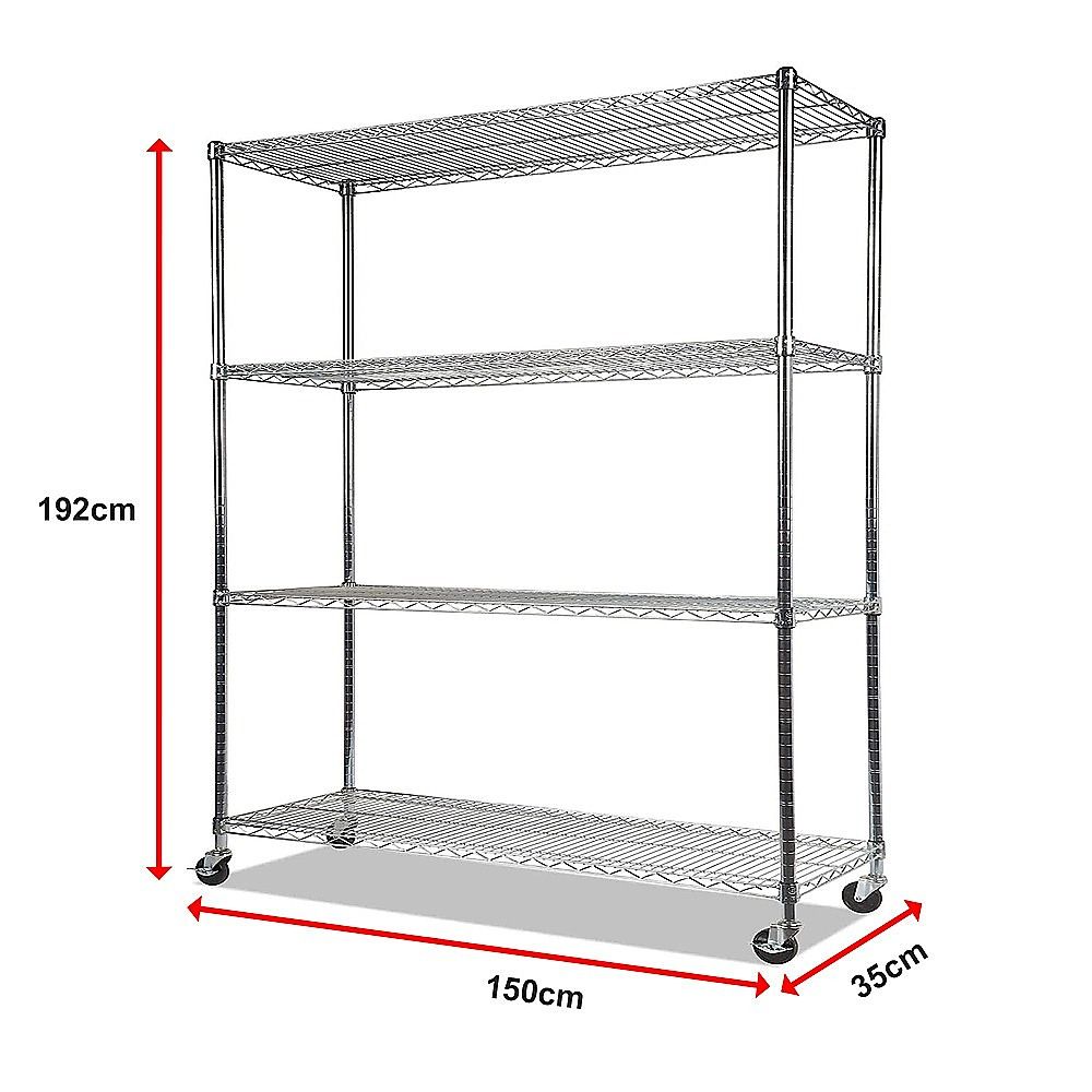 Wire Storage Rack – 150x35cm Chrome Shelving with Wheels
