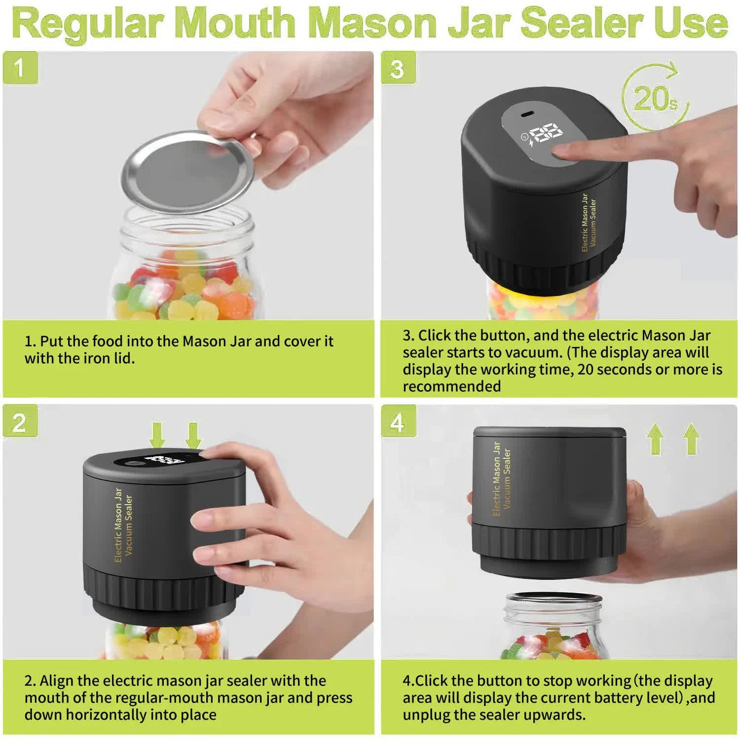 Portable Vacuum Sealer for Mason Jars,Regular Model KZ-80 (60 sec stop or manual stop) - White Electric Food Preservation Machine with LED Display