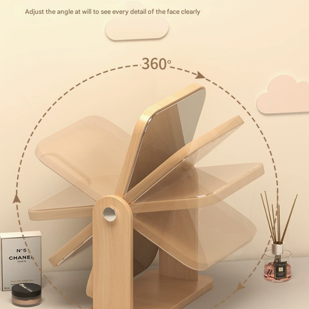 Square Rotating Mirror - Extra Large Tabletop Makeup Mirror - Large Wooden Swivel Vanity Mirror for Desk