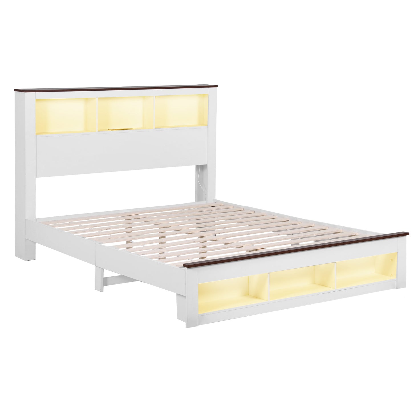Artiss Double Bed Frame with Storage Bookcase Headboard and Footboard White Wooden Platform Bed with Charging Station and Led Light Bedroom Furniture