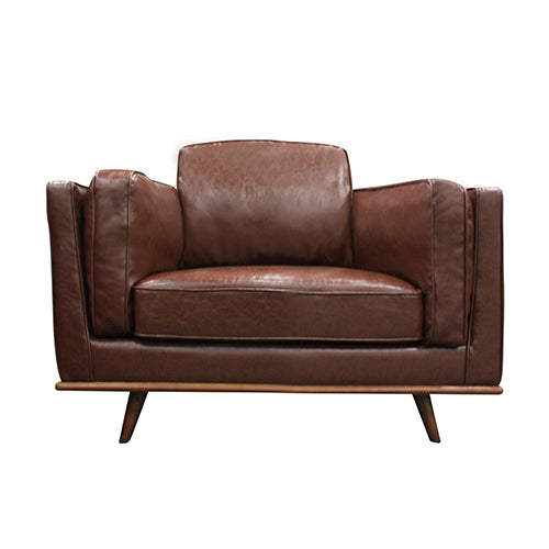Single Seater Armchair Vegan Leather Sofa Modern Lounge Accent Chair in Brown with Wooden Frame