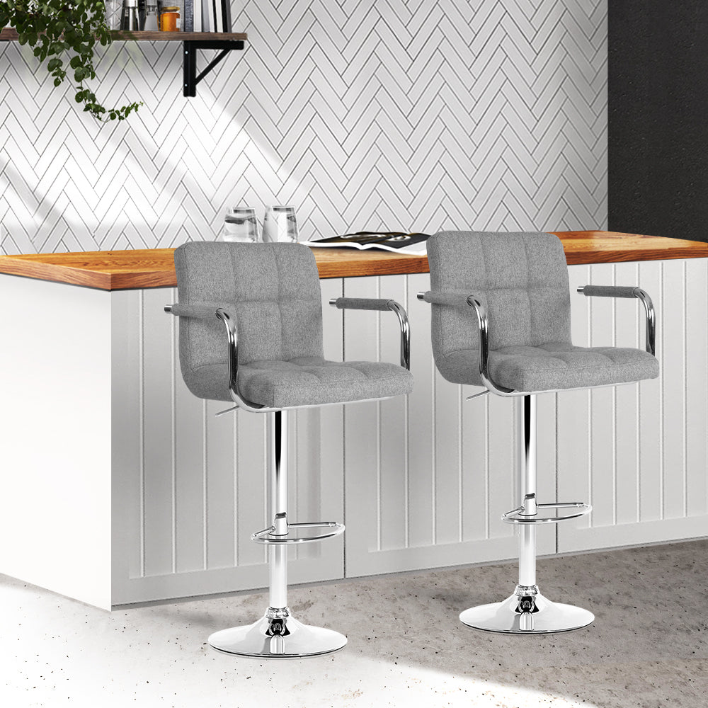 Artiss 2x Bar Stools Fabric Gas Lift w/Armrest Grey