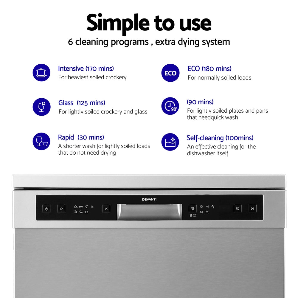 Devanti 60cm 14 Place Settings Freestanding Dishwasher Sliver