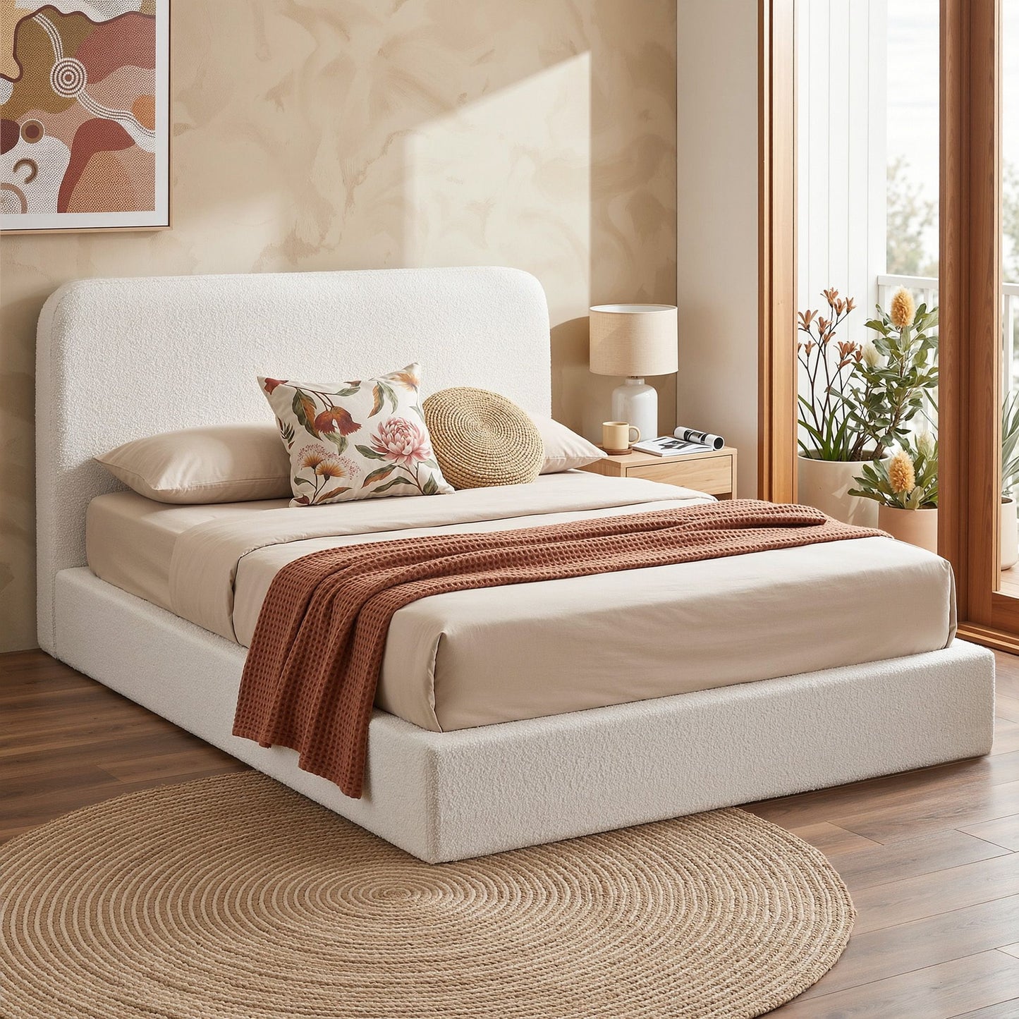 Artiss Queen Bed Frame Boucle Fabric Vacuum Compressed Beds Washable Cover No-Assembly