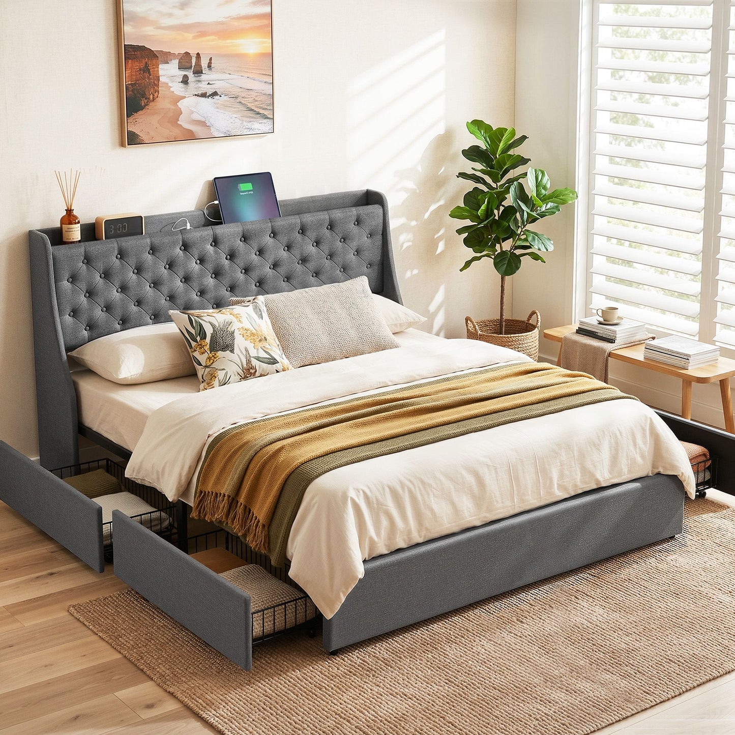 Artiss King Bed Frame with 4 Storage Drawers and Charging Station Tufted Wingback Headboard 300kg Loads Charcoal Grey