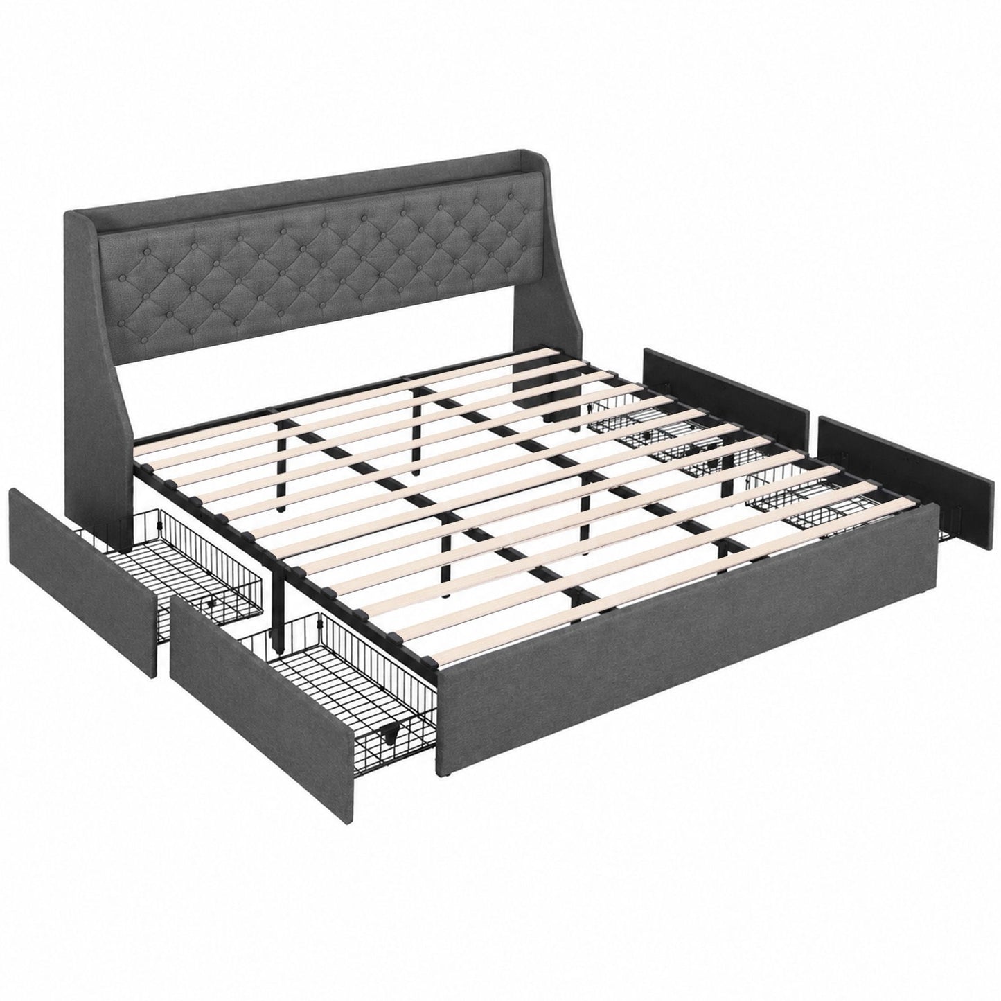 Artiss King Bed Frame with 4 Storage Drawers and Charging Station Tufted Wingback Headboard 300kg Loads Charcoal Grey