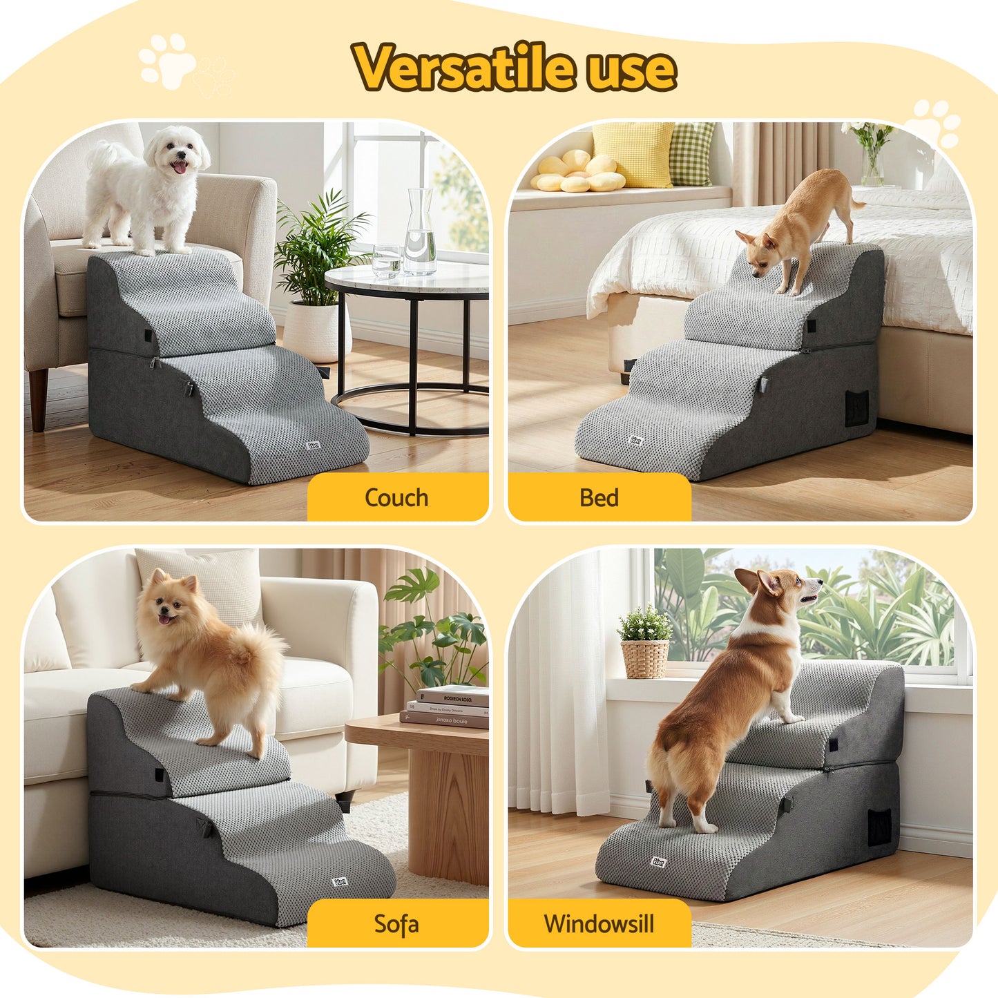 i.Pet Dog Stairs and Bed 2-in-1 Sofa Car Foam Non-Slip Washable Pet Stairs Indoor Grey