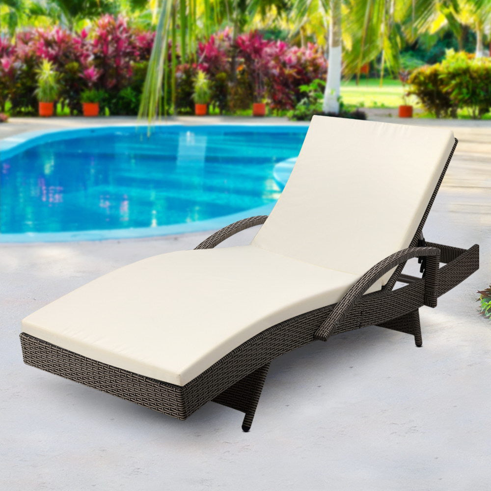 Gardeon Sun Lounge Wicker Lounger Outdoor Furniture Beach Chair Patio Adjustable Cushion Grey&Beige