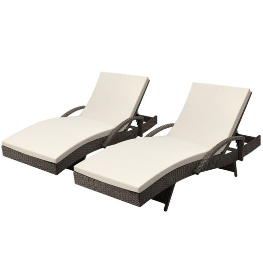 Gardeon 2PC Sun Lounge Wicker Lounger Outdoor Furniture Beach Chair Adjustable Cushion Grey&Beige