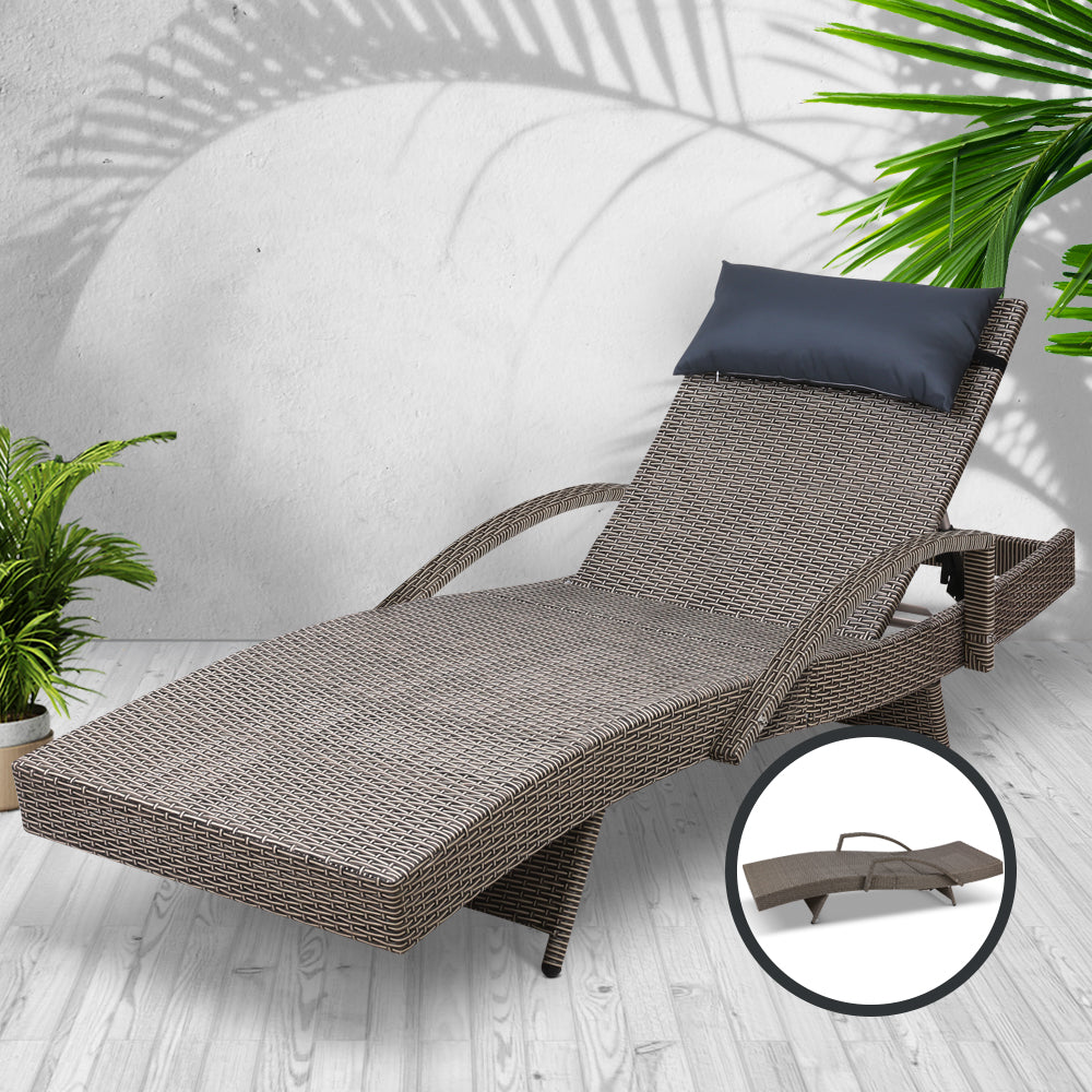 Gardeon Sun Lounge Wicker Lounger Outdoor Furniture Beach Armchair Adjustable Grey&Beige