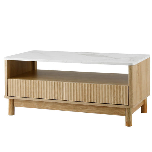 Artiss Coffee Table Drawer Shelf Marble Effect Wood&White