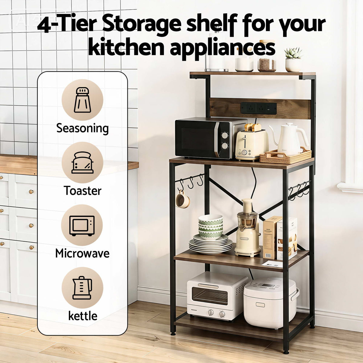 Artiss 4-Tier Kitchen Rack with 2 Power Outlets 6 Hooks Microwave Storage Shelf