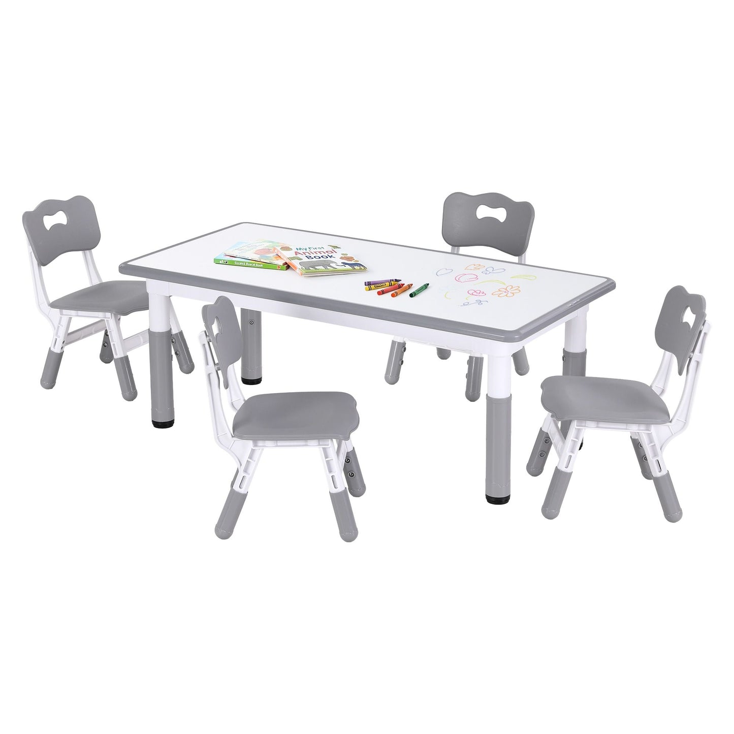 Keezi Kids Table and 4 Chairs Set Height Adjustable Toddler Desk and Chair Set for Ages 3-8, Children Activity Table with Graffiti Desktop for Learning Drawing Playing, Grey