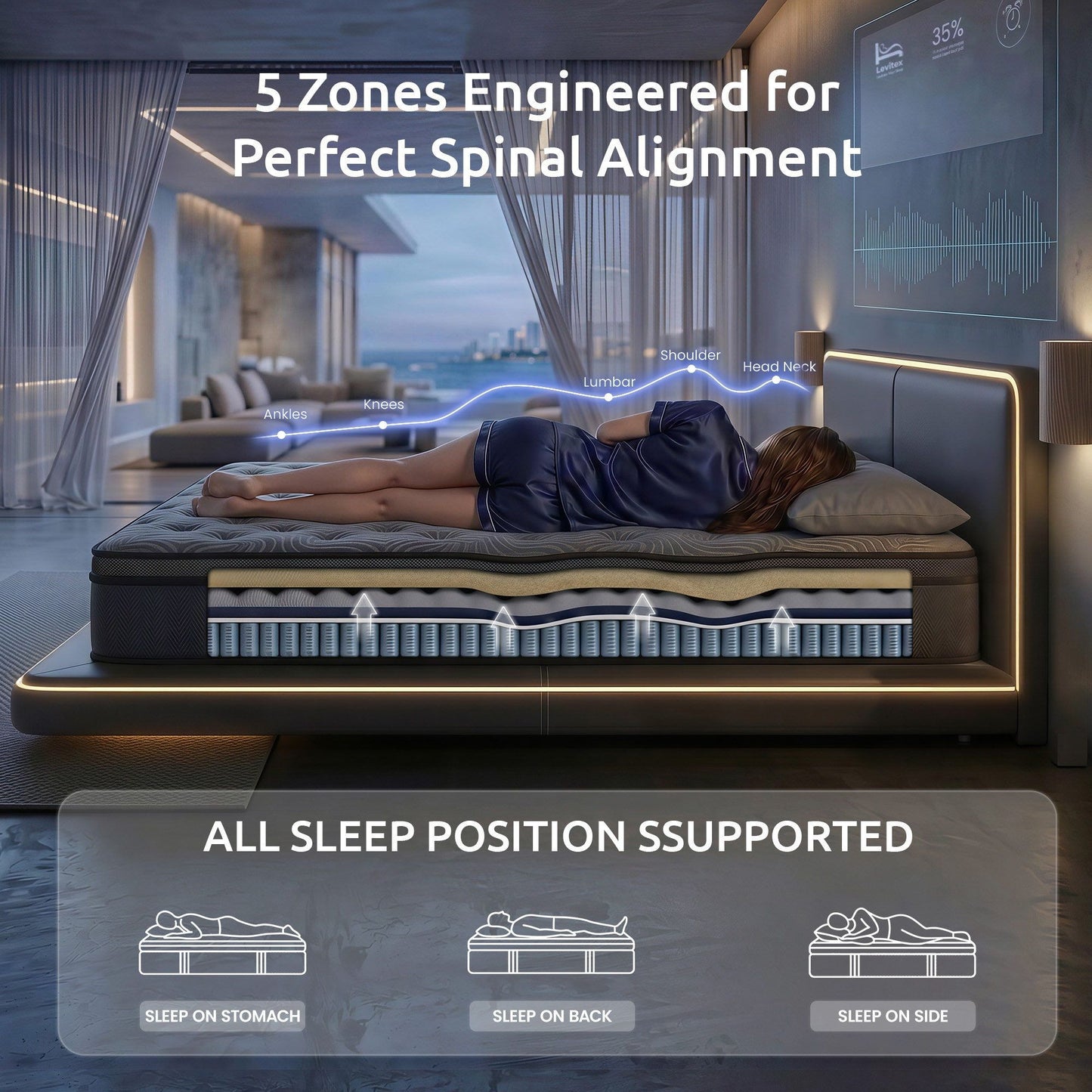 Levitex Double Mattress 34 cm 5-Zone Pressure Relief  Pocket Spring with Reinforced Edge Support & Breathable Gel Memory Foam Hybrid Mattress