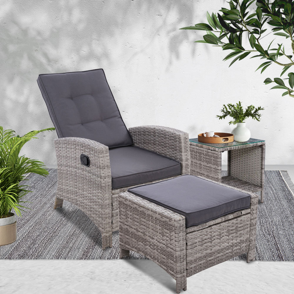 Gardeon 3PC Recliner Chairs Table Sun lounge Wicker Outdoor Furniture Adjustable Grey