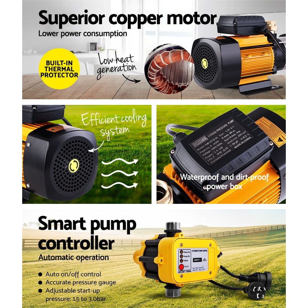Giantz Garden Water Pump High Pressure 2000W 5-Stage Tank Irrigation Yellow