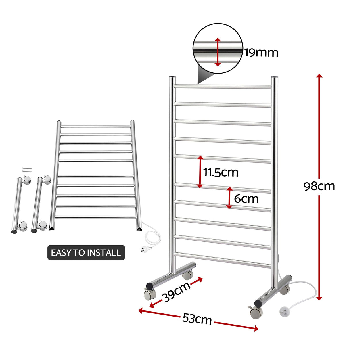Devanti 10-Bar Freestanding Heated Towel Rail 3-5 Mins Fast Heating Electric Towel Warmer for Bathroom Winter Drying Stainless Steel Plug In 100W