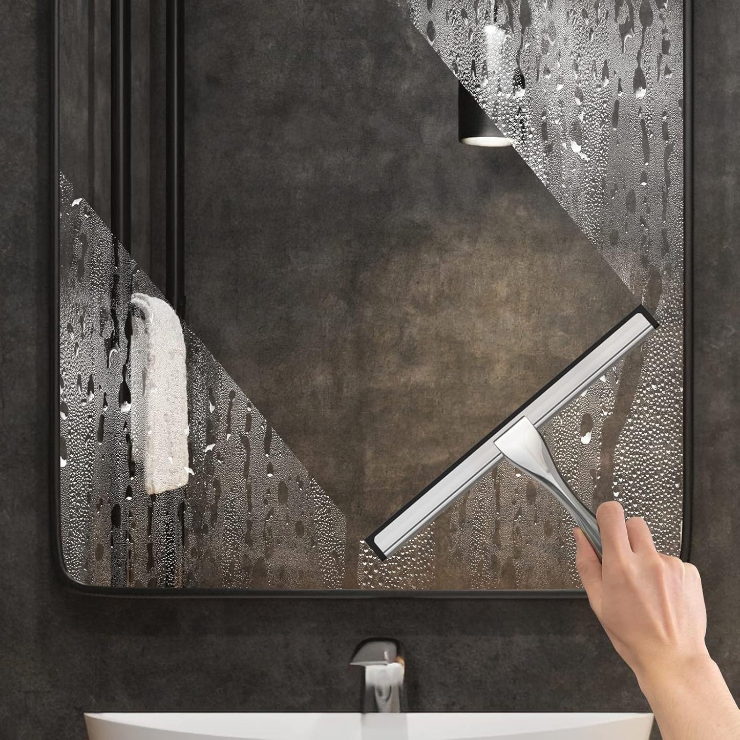 Multipurpose Stainless Steel Shower Scraper for Shower Door with 2 Adhesive Hooks, Bathroom Cleaning Tools Home Window Mirror Scraper for Home Cleaning, Glass Door, Tile Wall, Car, 14 Inch Silver