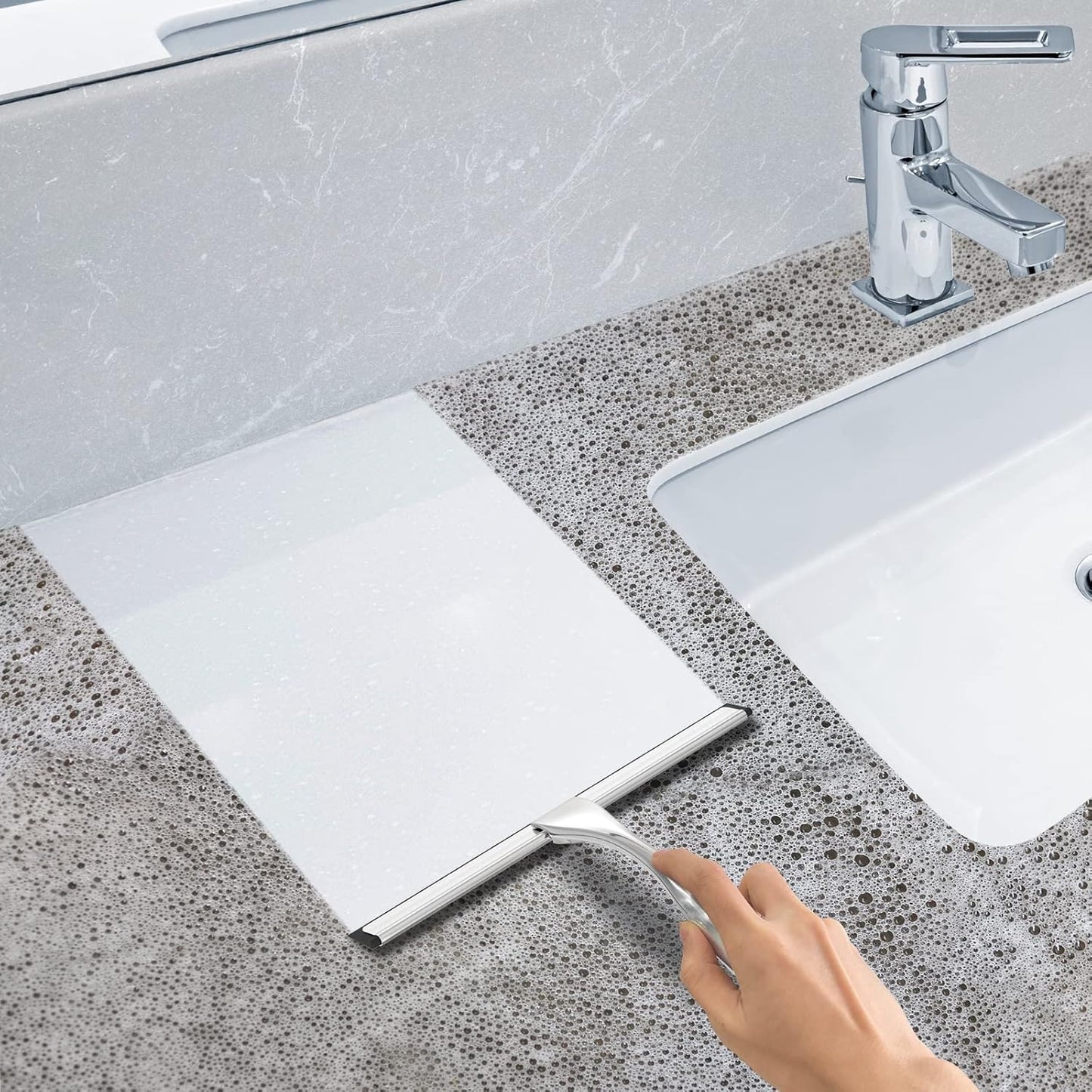 Multipurpose Stainless Steel Shower Scraper for Shower Door with 2 Adhesive Hooks, Bathroom Cleaning Tools Home Window Mirror Scraper for Home Cleaning, Glass Door, Tile Wall, Car, 14 Inch Silver