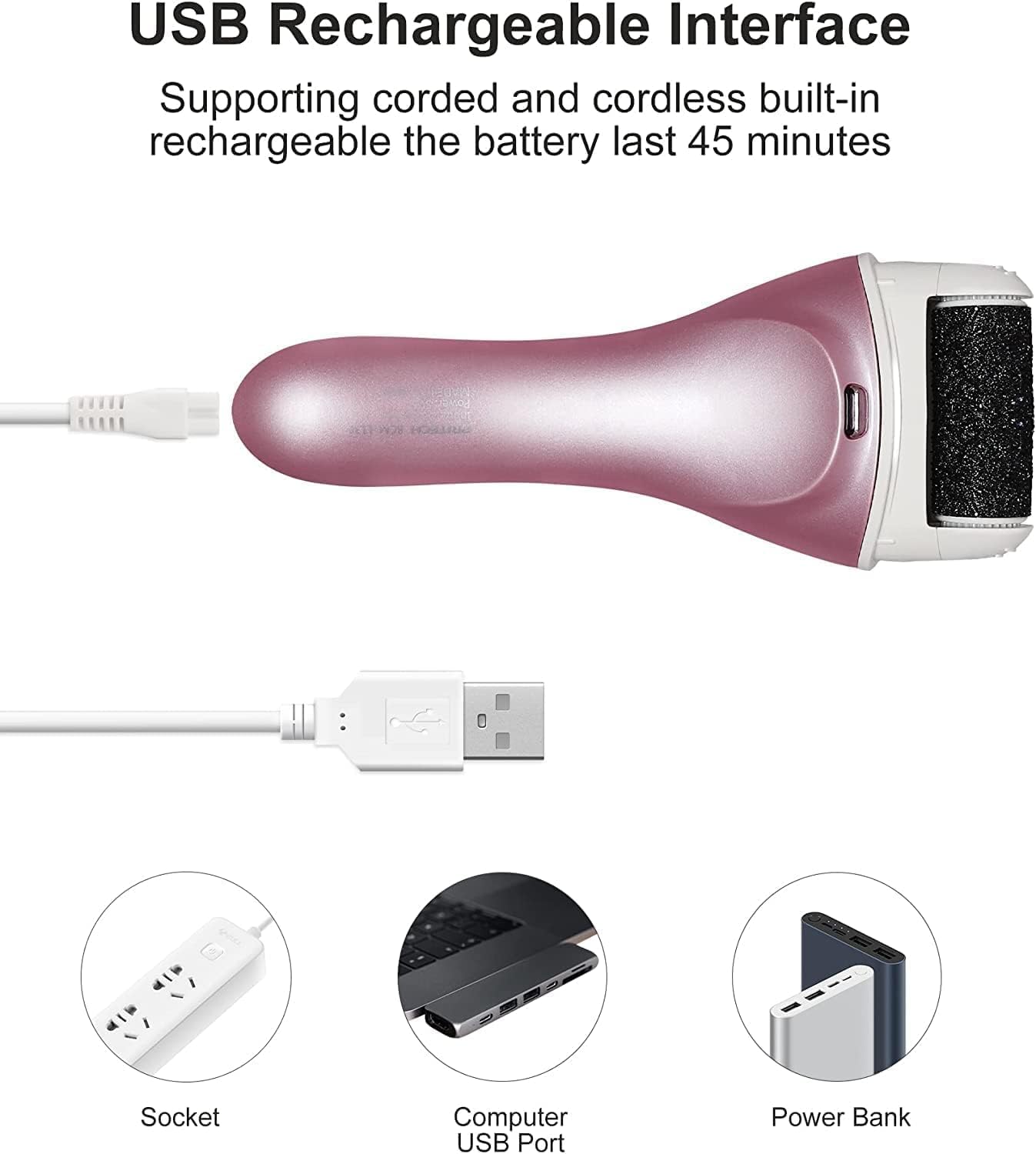 Electric Foot File Rechargeable Pedicure Tool – 3 Interchangeable Rollers (Fine, Regular, Coarse), IPX6 Waterproof, 2-Speed Motor, LED Power Indicator, USB Charging, Includes Cleaning Brush, Compact & Quiet for Home Spa (Pink)