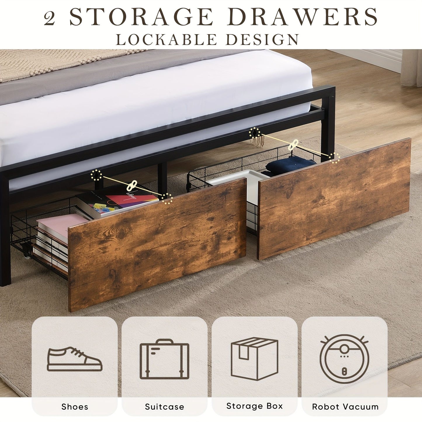 Double Bed Frame with Storage, Industrial Bed with Led Lights Headboard and 2 Drawers, Wooden Bed Frames with Charging Station, Noise Free, No Box Spring Needed, Easy Assembly, Rustic Brown
