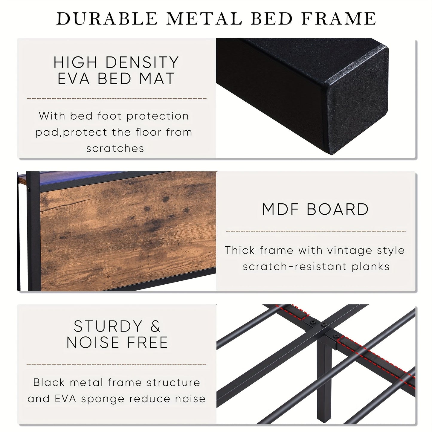 Queen Bed Frame with Storage, Industrial Bed with Led Lights Headboard and 2 Drawers, Wooden Bed Frames with Charging Station, Noise Free, No Box Spring Needed, Easy Assembly, Rustic Brown