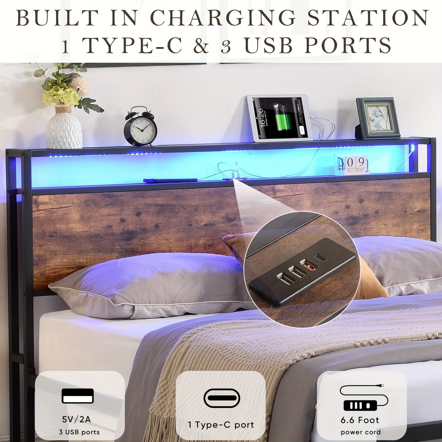 Queen Bed Frame with Storage, Industrial Bed with Led Lights Headboard and 2 Drawers, Wooden Bed Frames with Charging Station, Noise Free, No Box Spring Needed, Easy Assembly, Rustic Brown