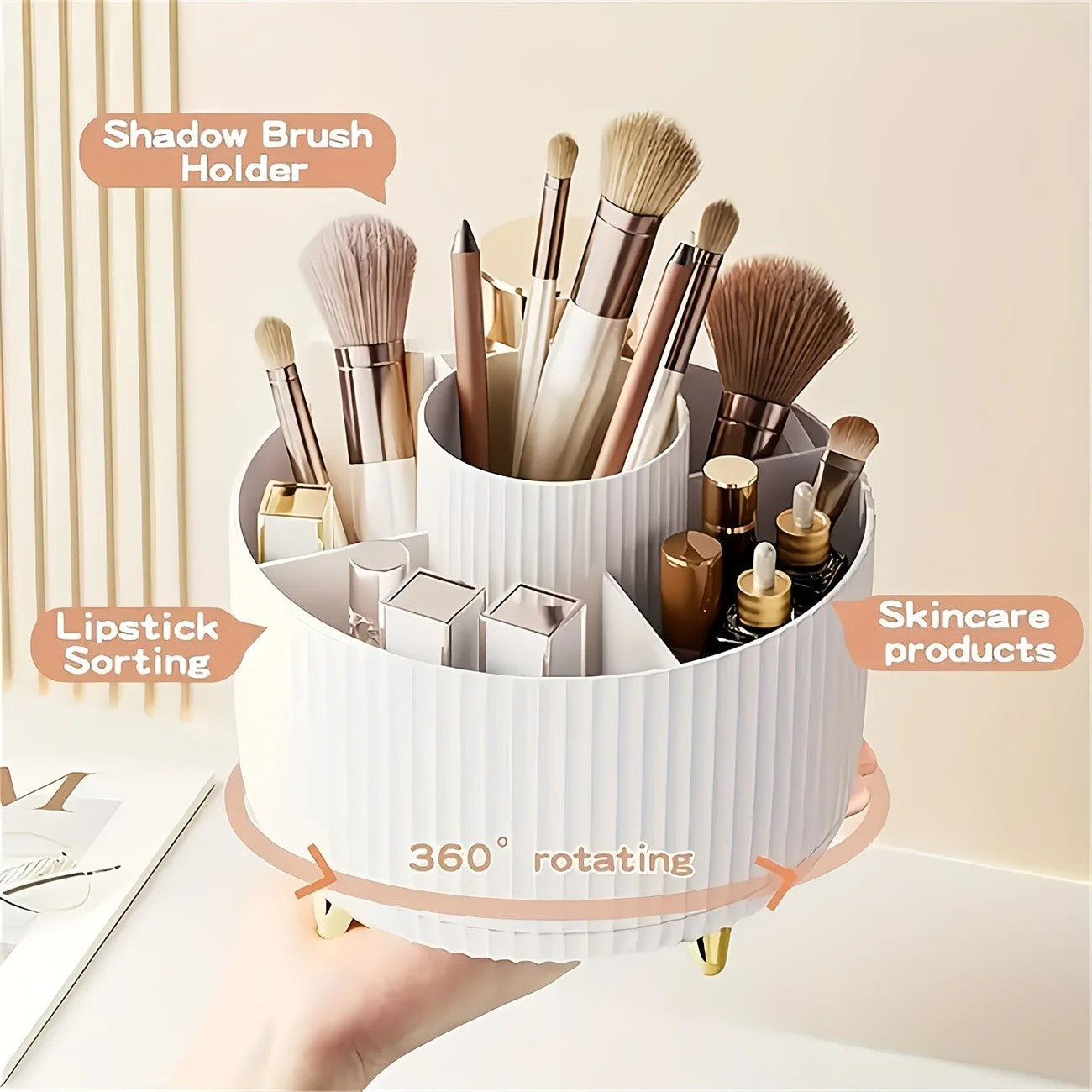 Green 360-Degree Rotating Cosmetic Organizer – 1 Plastic Makeup Storage Box with 5 Compartments – Multi-Purpose Holder for Brushes, Lipsticks, Skincare Products, and Stationery – Durable Odor-Free Desktop Storage Container with Luxurious Stripe Design