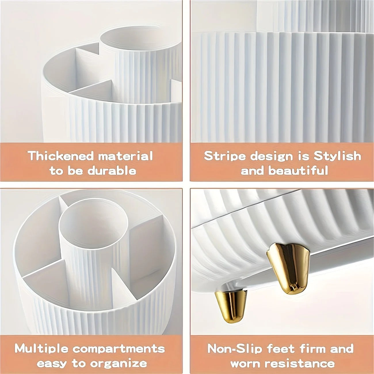 Green 360-Degree Rotating Cosmetic Organizer – 1 Plastic Makeup Storage Box with 5 Compartments – Multi-Purpose Holder for Brushes, Lipsticks, Skincare Products, and Stationery – Durable Odor-Free Desktop Storage Container with Luxurious Stripe Design