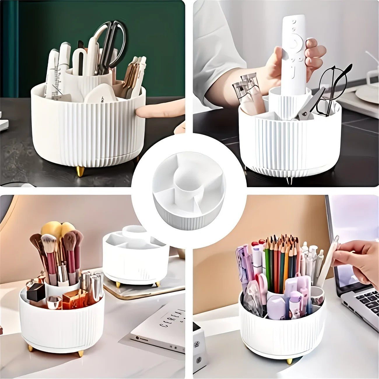 Green 360-Degree Rotating Cosmetic Organizer – 1 Plastic Makeup Storage Box with 5 Compartments – Multi-Purpose Holder for Brushes, Lipsticks, Skincare Products, and Stationery – Durable Odor-Free Desktop Storage Container with Luxurious Stripe Design