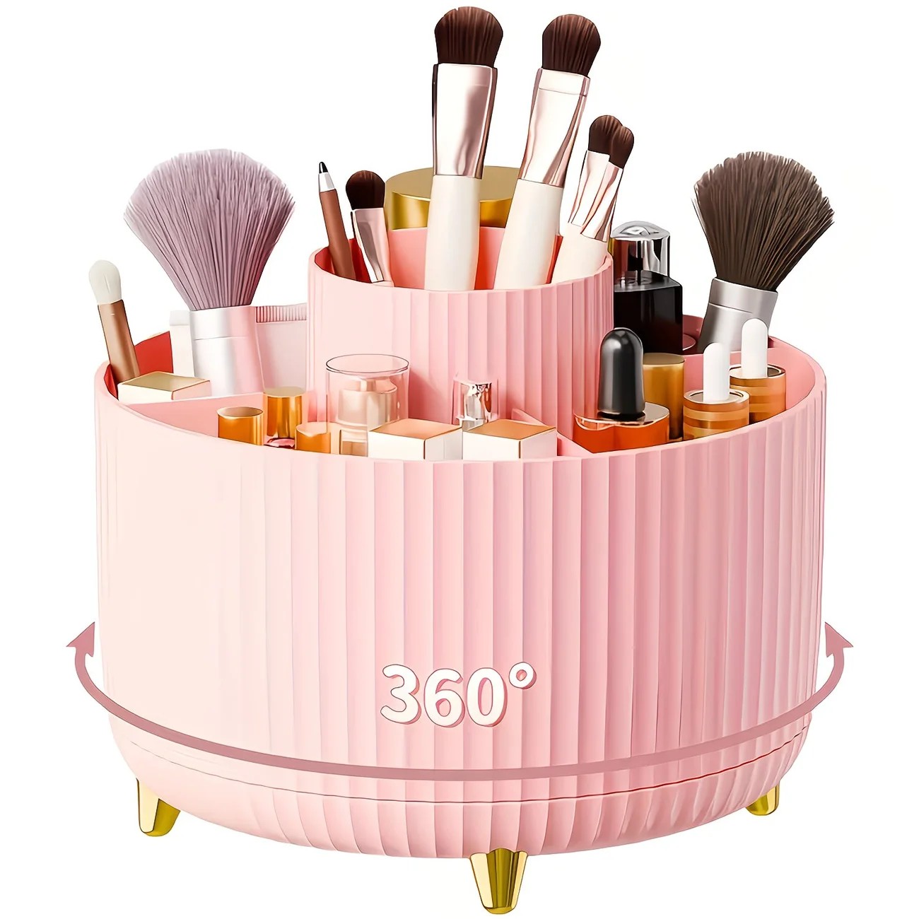 Green 360-Degree Rotating Cosmetic Organizer – 1 Plastic Makeup Storage Box with 5 Compartments – Multi-Purpose Holder for Brushes, Lipsticks, Skincare Products, and Stationery – Durable Odor-Free Desktop Storage Container with Luxurious Stripe Design