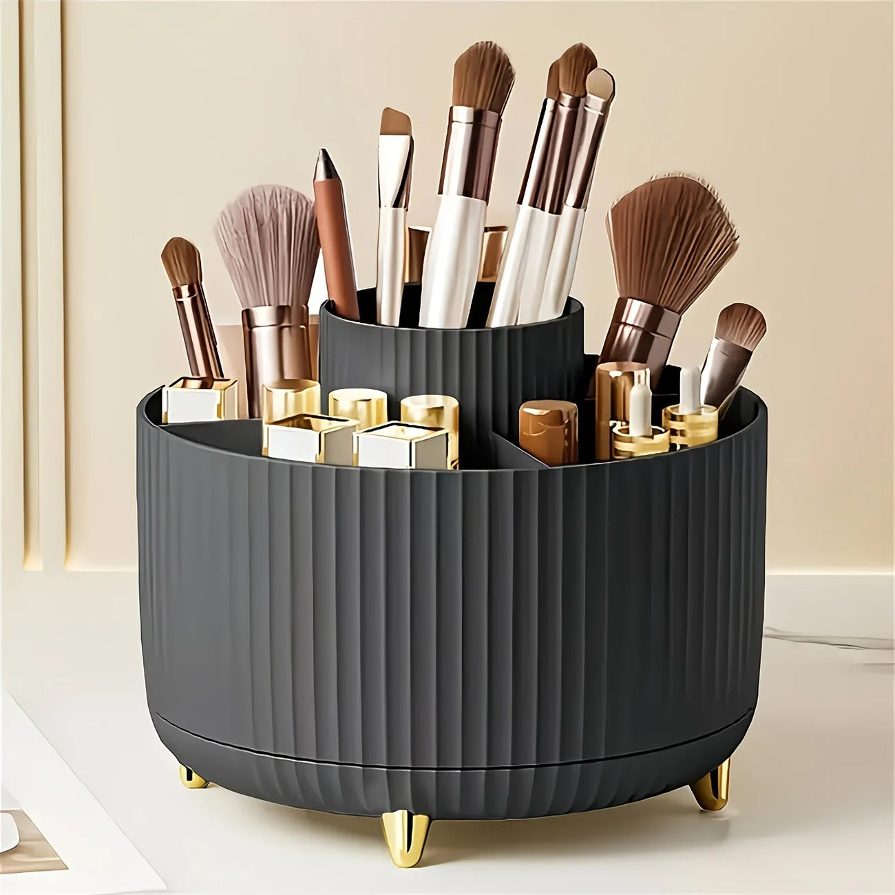 Green 360-Degree Rotating Cosmetic Organizer – 1 Plastic Makeup Storage Box with 5 Compartments – Multi-Purpose Holder for Brushes, Lipsticks, Skincare Products, and Stationery – Durable Odor-Free Desktop Storage Container with Luxurious Stripe Design