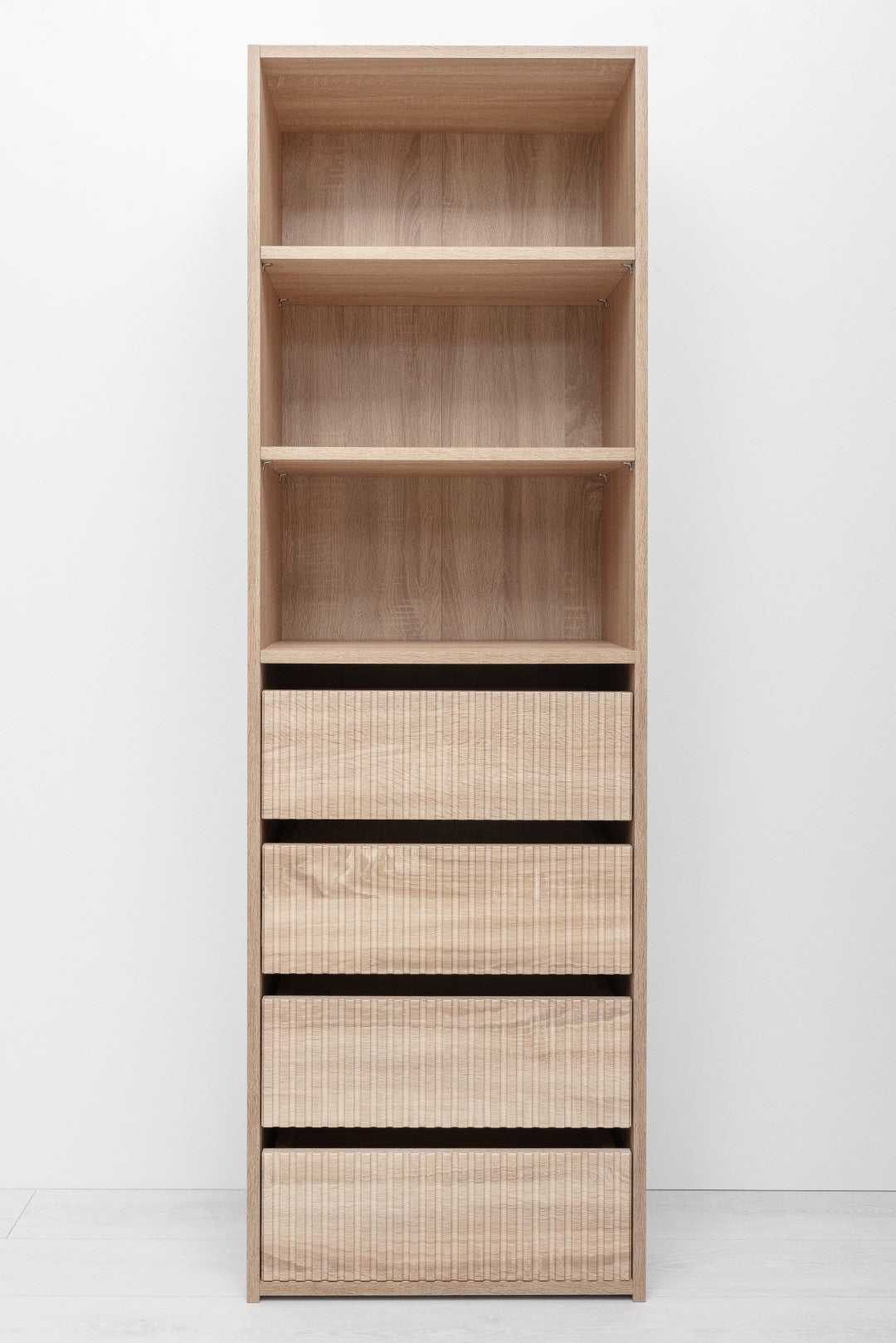 GENEVA THREE SHELF/FOUR DRAWER BUILT IN WARDROBE - FLUTED - NATURAL OAK