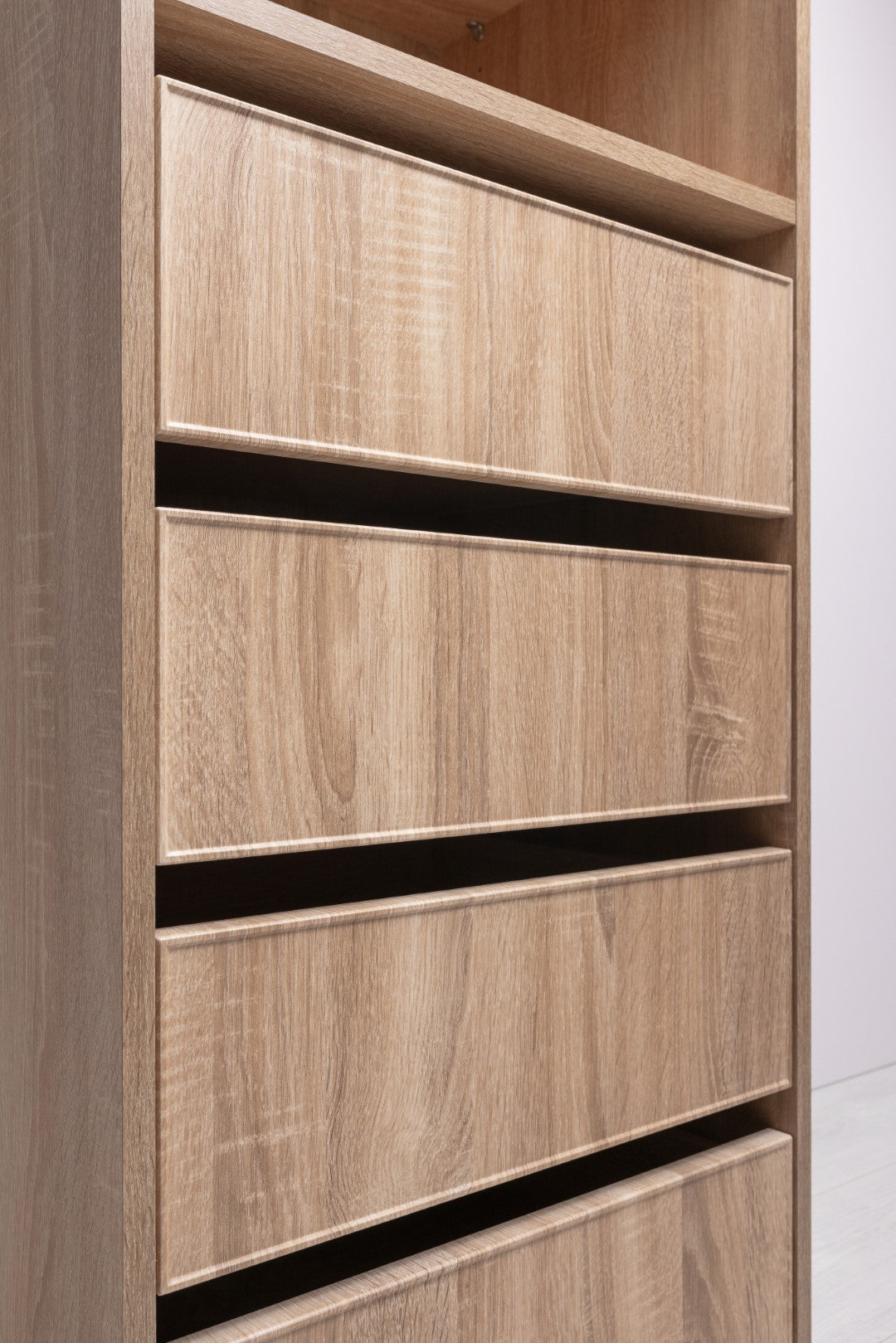 GENEVA THREE SHELF/FOUR DRAWER BUILT IN WARDROBE - SLIM SHAKER - NATURAL OAK