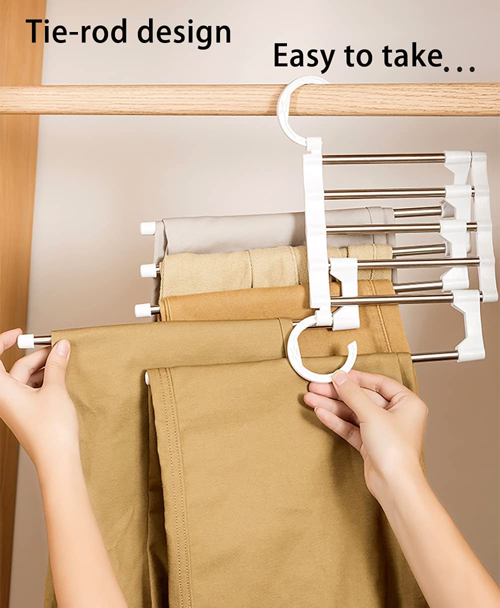 2 Pack Stainless Steel Adjustable 5 in 1 Pants Hangers Non-Slip Space Saving for Home Storage