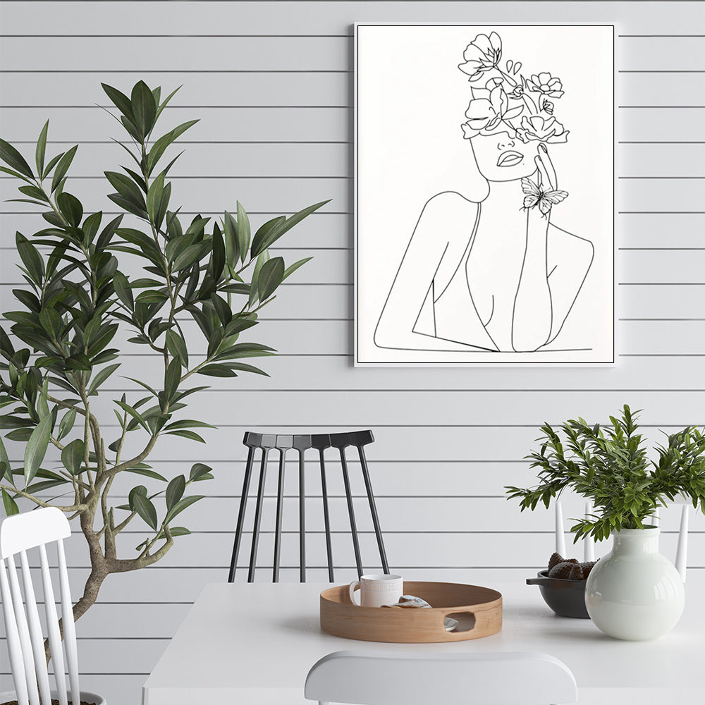 Wall Art 50cmx70cm Line Art Girl White Frame Canvas