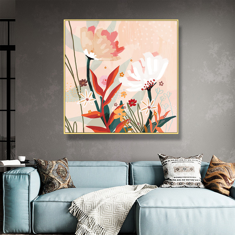 Wall Art 80cmx80cm Native Floral Gold Frame Canvas