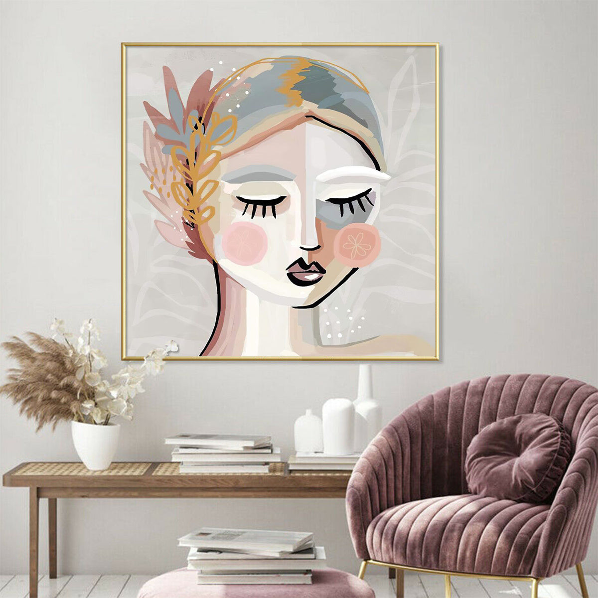 Wall Art 90cmx90cm Calm Girl Gold Frame Canvas