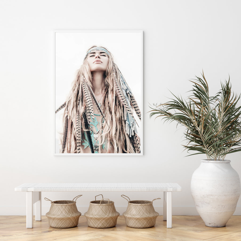 Wall Art 80cmx120cm BOHO Girl White Frame Canvas