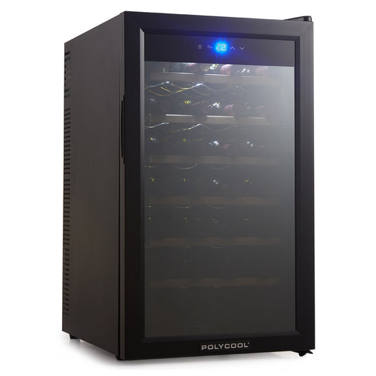 POLYCOOL 72L 28 Bottle Wine Bar Fridge Countertop Cooler Compressor Mirrored Glass Door, Black