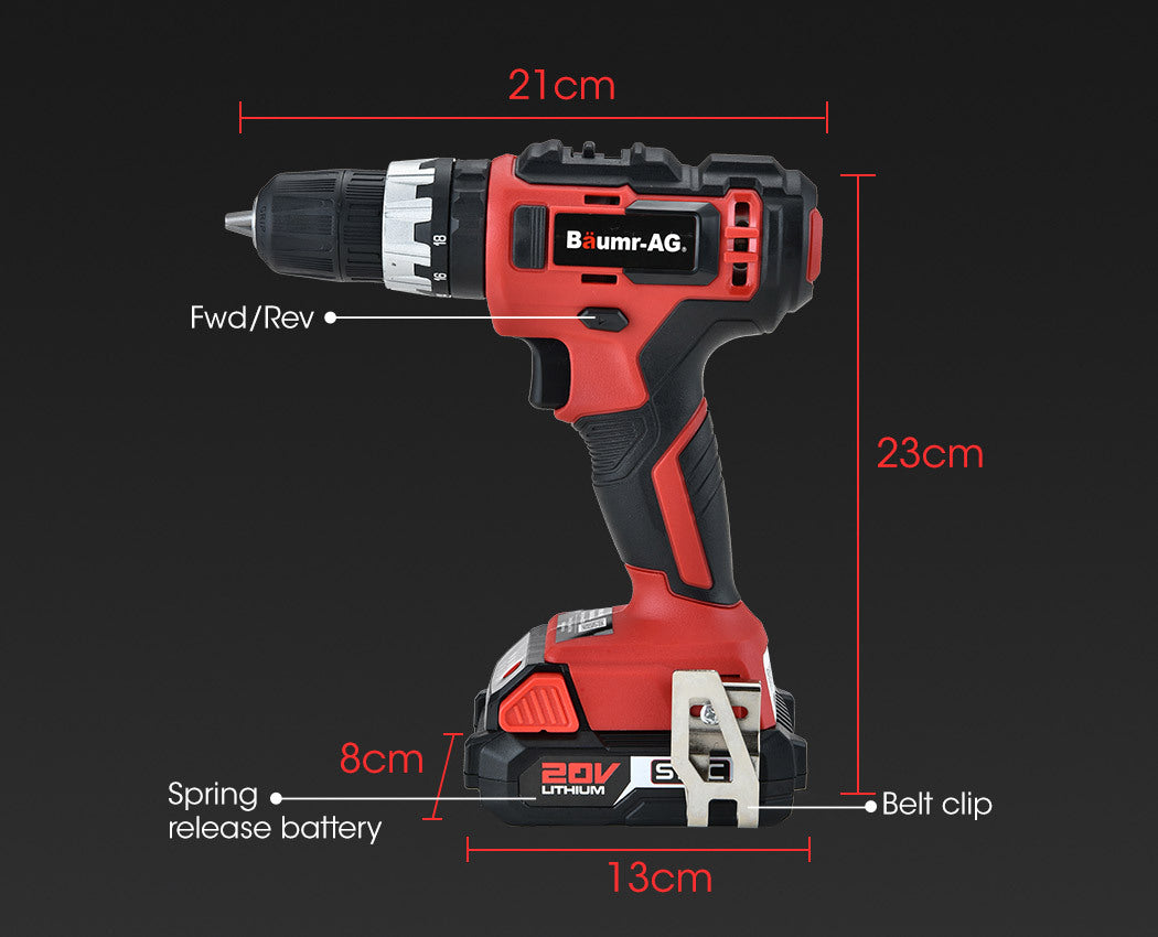 BAUMR-AG 20V Cordless Power Drill Kit Lithium Battery Hammer Drilling with Bag