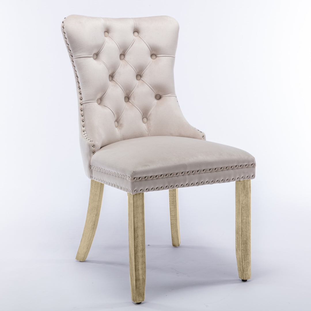 6x Velvet Dining Chairs Upholstered Tufted Kithcen Chair with Solid Wood Legs Stud Trim and Ring-Beige