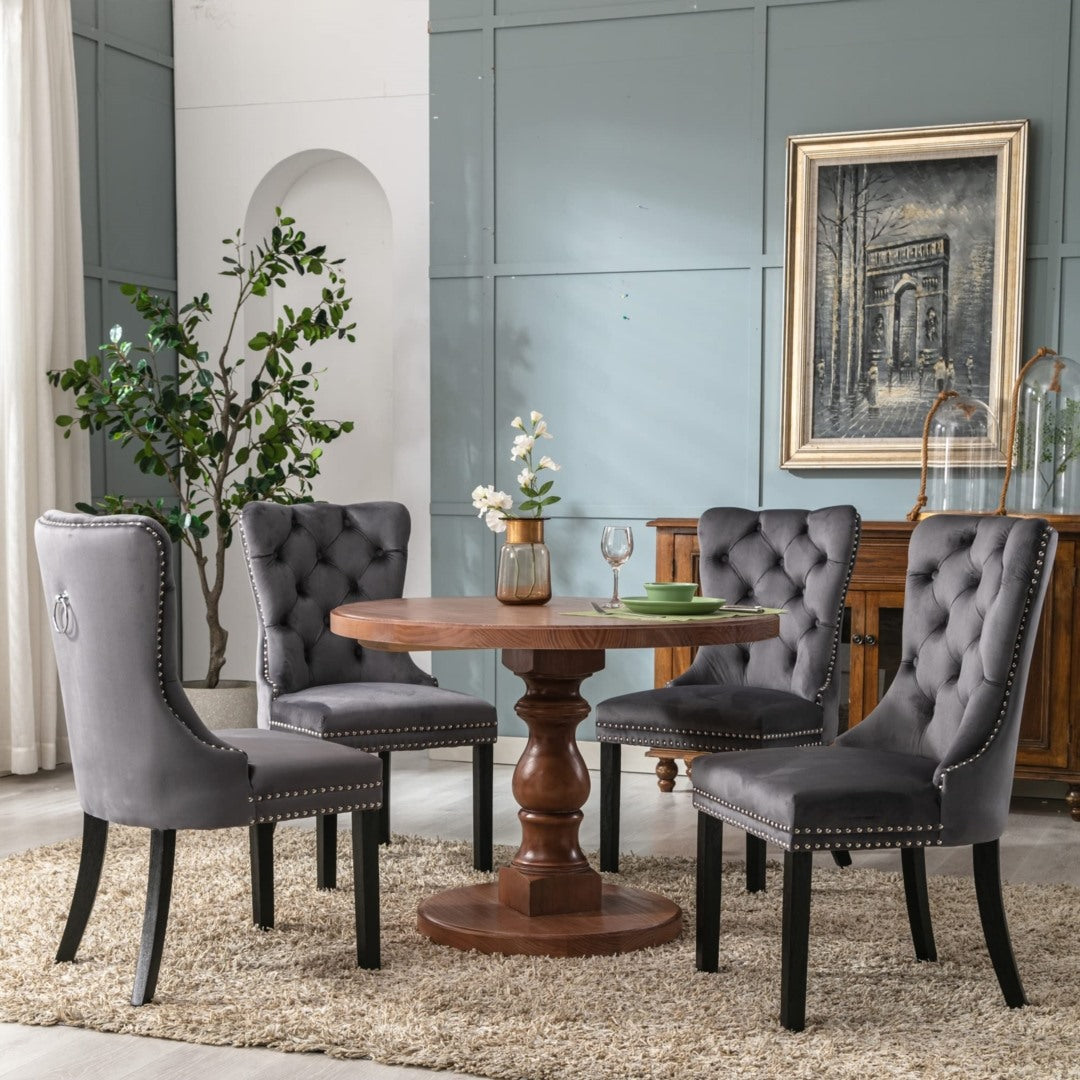 6x Velvet Dining Chairs Upholstered Tufted Kithcen Chair with Solid Wood Legs Stud Trim and Ring-Gray