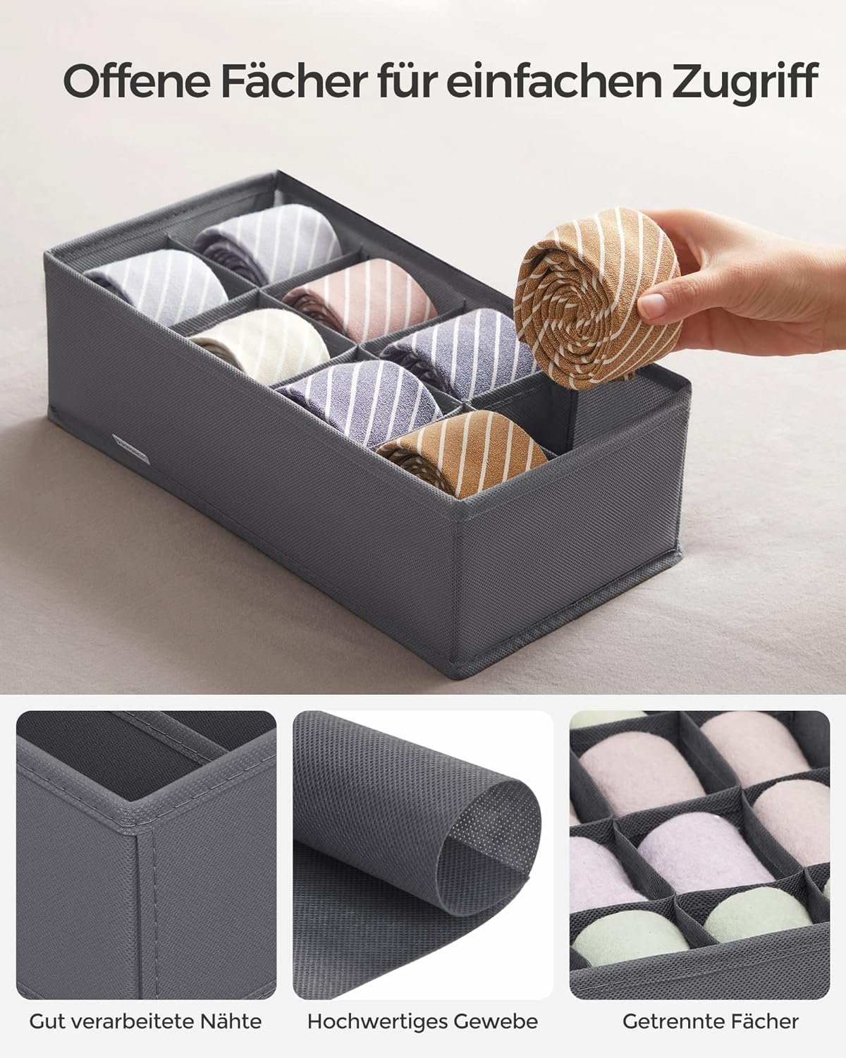 SONGMICS Underwear Storage Folding Fabric Boxes Set of 8 Grey RUS08GY