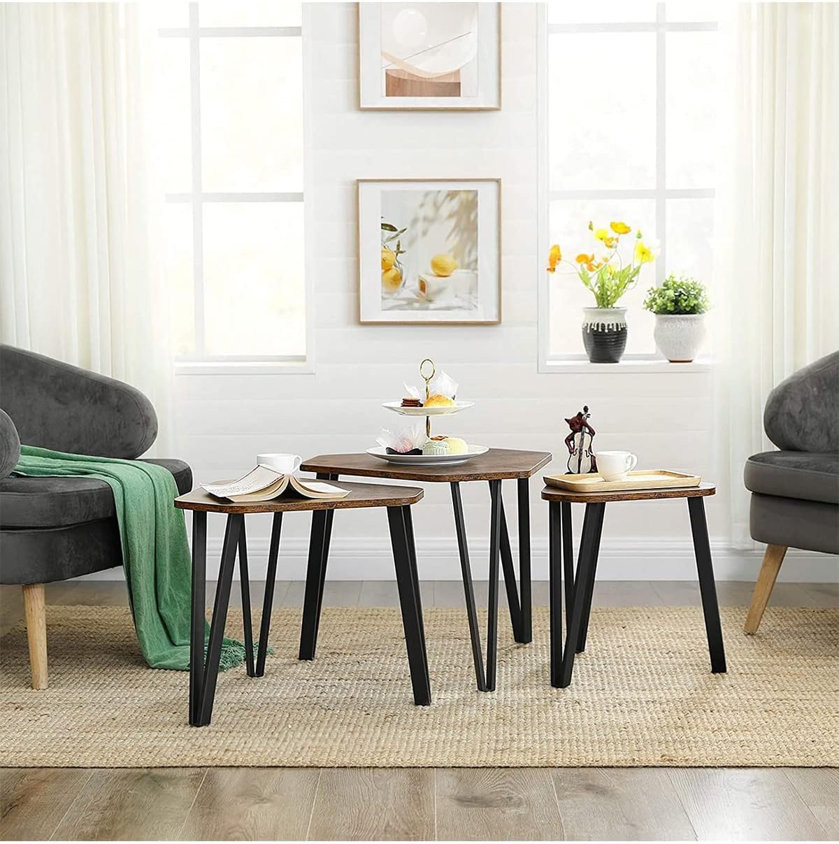 VASAGLE Nesting Coffee Table Set of 3 Rustic Brown and Black LNT14BXV1