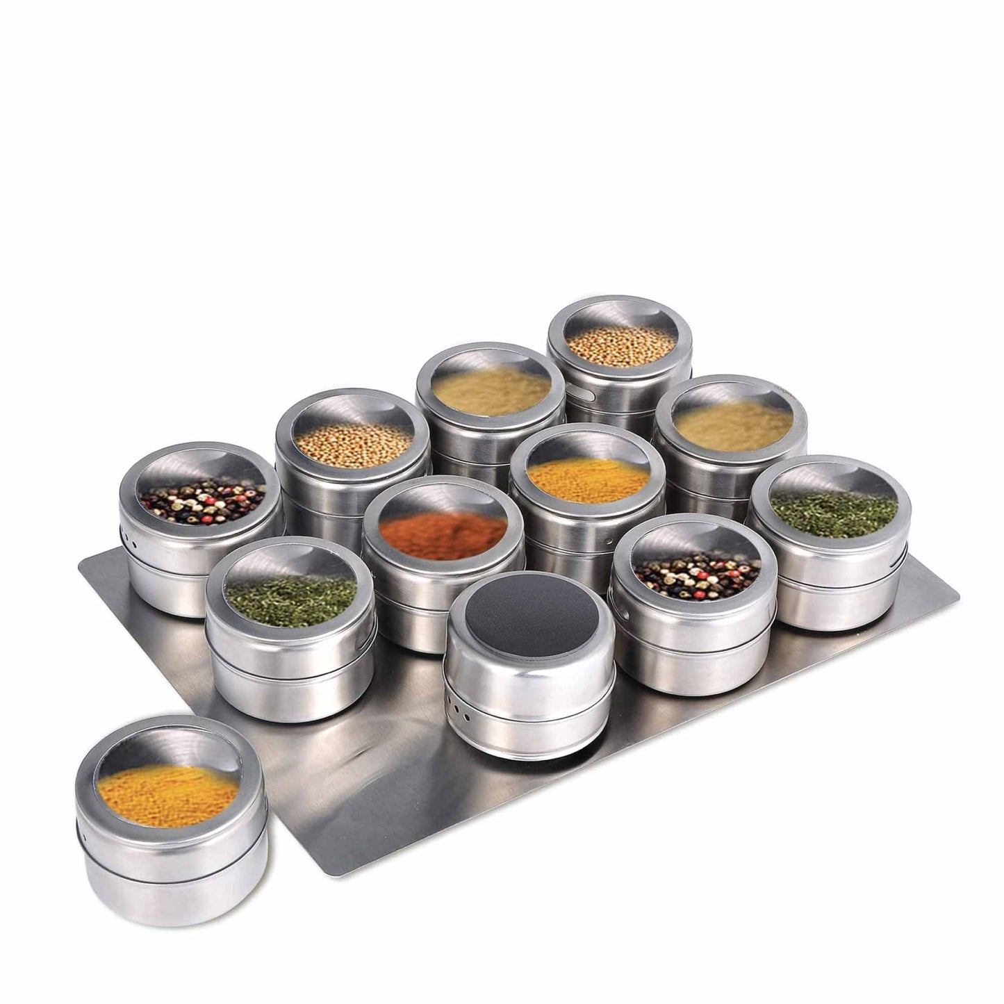 12 Magnetic Spice Jar Tins and Steel Plate - 150g Seasoning Storage Containers